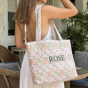 Personalized Embroidered Quilted Patchwork Tote Bag Large Peach Green Floral Bag Pretty Soft Durable Bridesmaid Bag for Her Weekend Bag