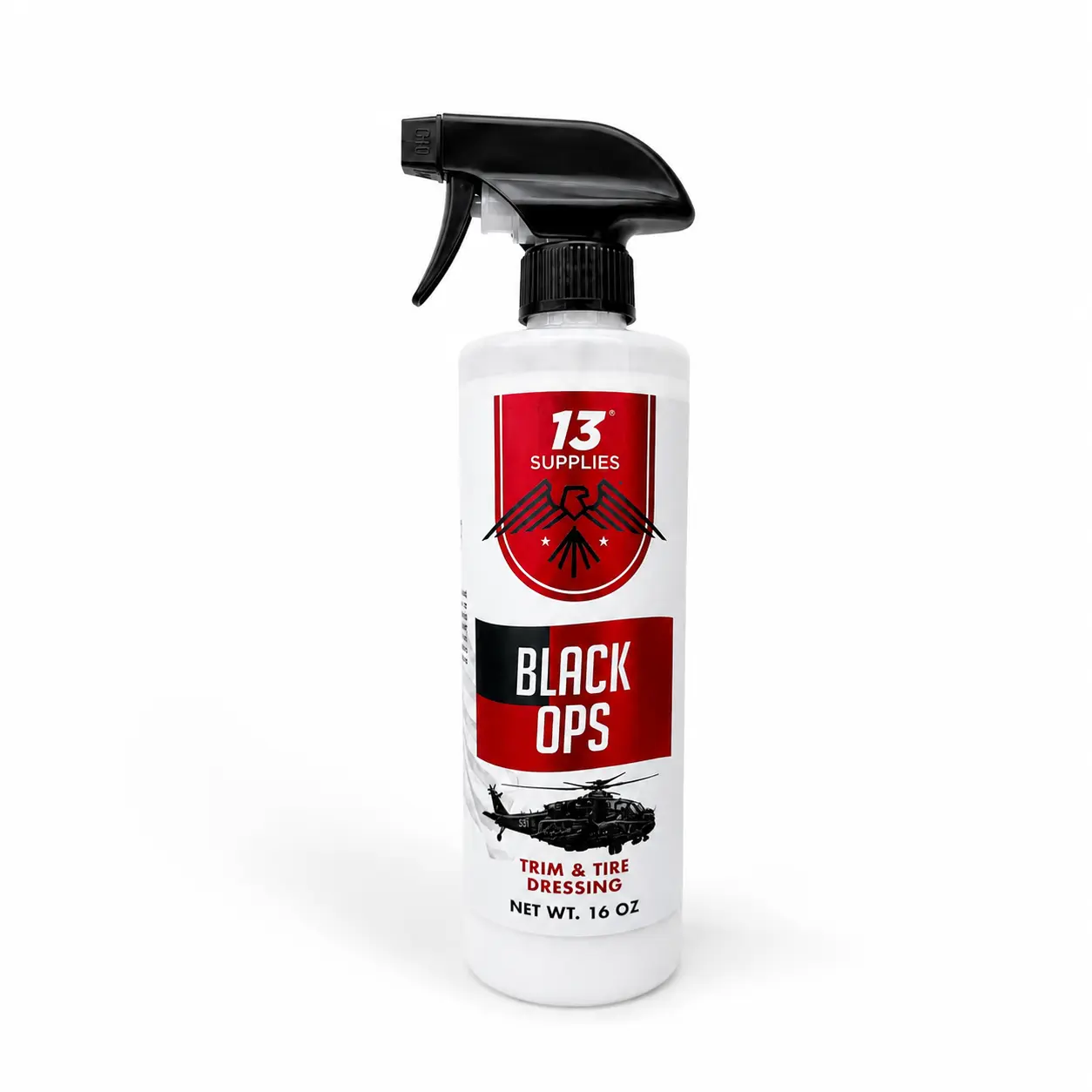 13 Supplies Black Ops Trim & Tire Dressing Spray - Coating, Grime Repellent, Best Tire Shine for Restoring Faded Rubber & Plastic to Deep Black Finish