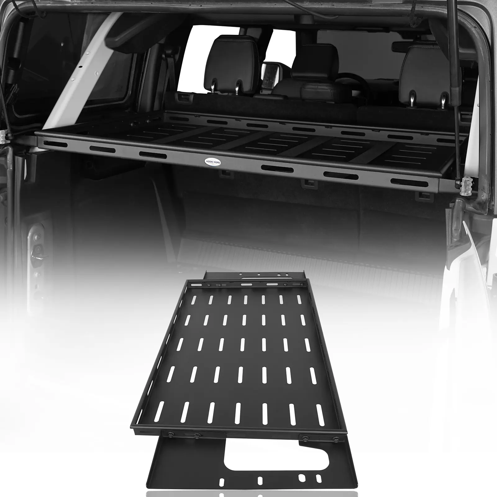 Hooke Road Metal Interior Cargo Rack Shelf - Steel Sheet, 36 lbs Capacity, 300lb Load Rating, Bolt-On Universal Automotive Accessory for 2021-2026 Ford Bronco 4-Door Hardtop Rear, Divide Space, Lock Tailgate