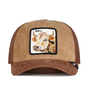 Vintage Embroidered Animal Patch Trucker Cap in Suede Brown