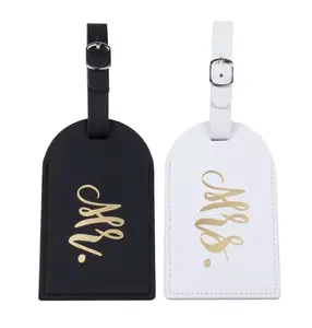 1Set PU Leather Luggage Tags Mr Mrs Passport Case Wallet for Couples Honeymoon Travel Organizer Black & White Gold Script Design