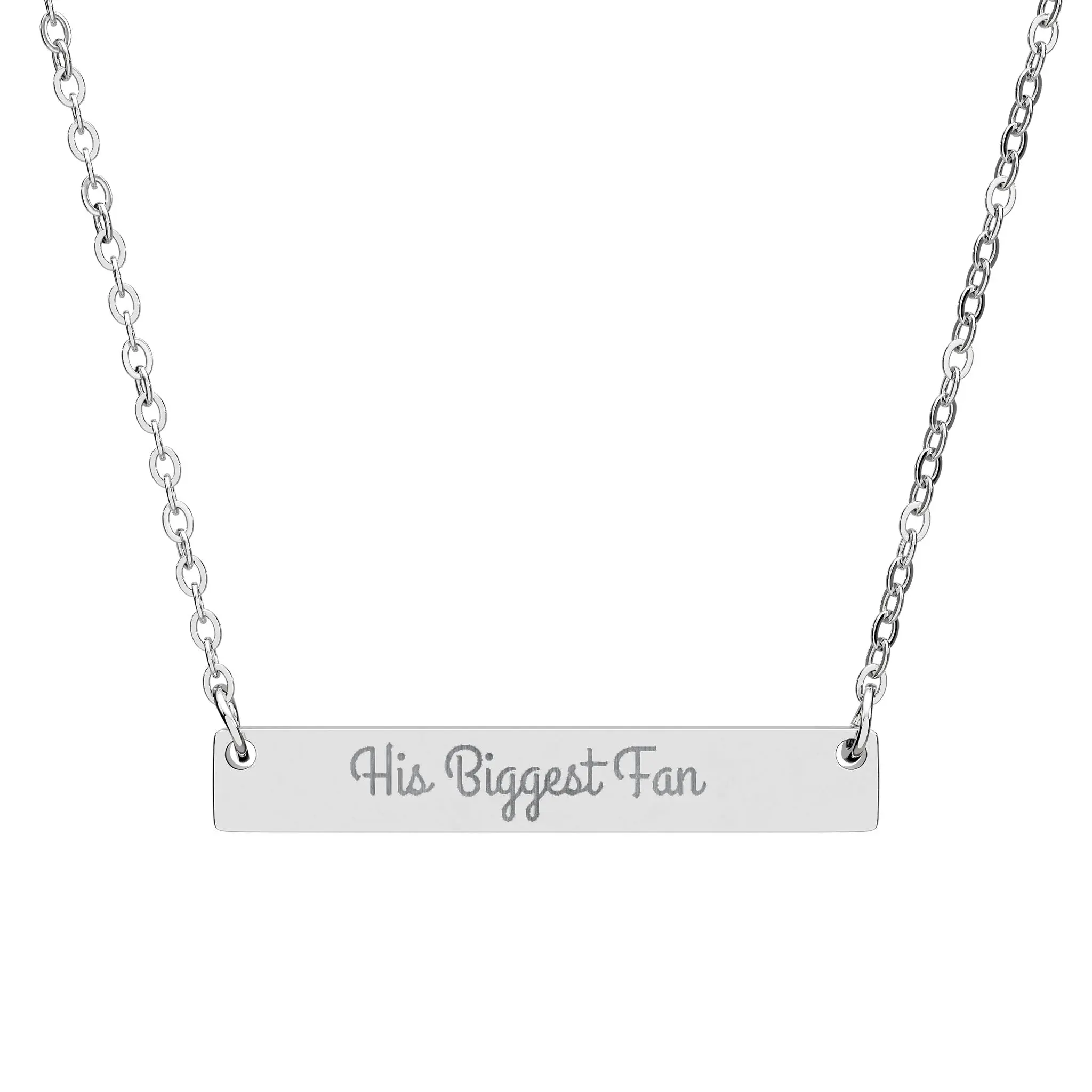 Engraved "His Biggest Fan" Horizontal Bar Necklace - Personalized Flexible Chain Handlebar Necklace, Empowering Message Etched Text Jewelry, Thoughtful Gift for Loved Ones, Chain Handlebar Necklaces, Empowering Message Necklaces