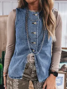 Buttoned Front Slit Denim Vest, Buttoned Front Denim Vest Features A Sleek Slit Detail For Modern Edge.
