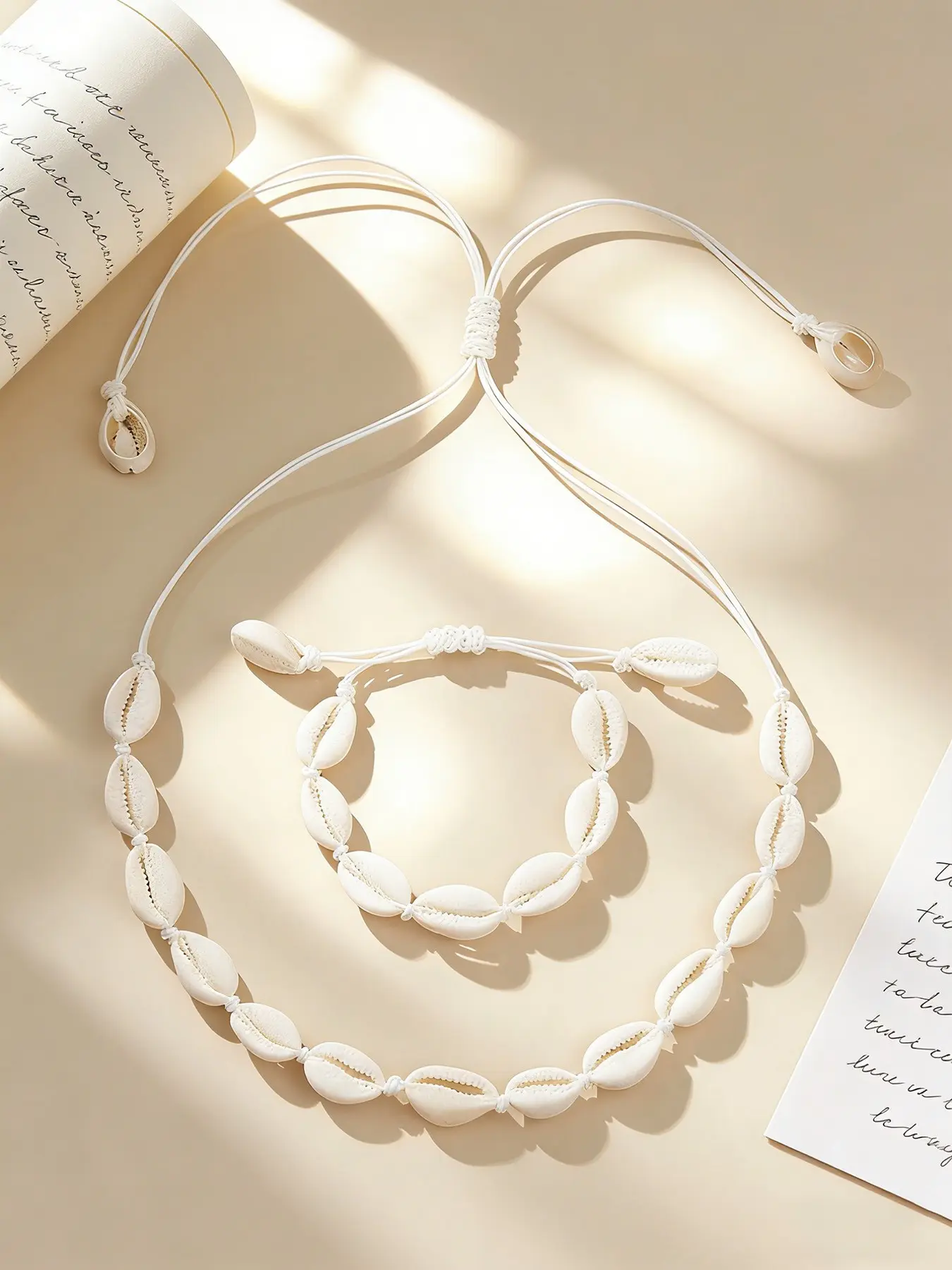 2 pieces per set, bracelet and necklace set, natural shells, hand-woven, off-white, for beach outfits, summer, beach, cool feeling, accessory, in the style of Instagram, simple, must-have for beach vacations, Bohemian shell set, Boho Jewelry Set