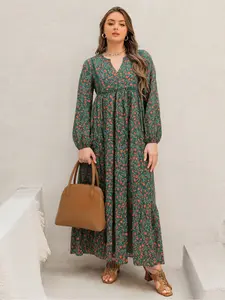 Plus Size Women's Floral Dress, Fall Winter V Neck Tie Back Lace Trim Long Sleeve Maxi Dress Casual Elegant Fashion Bohemian Print Dresses