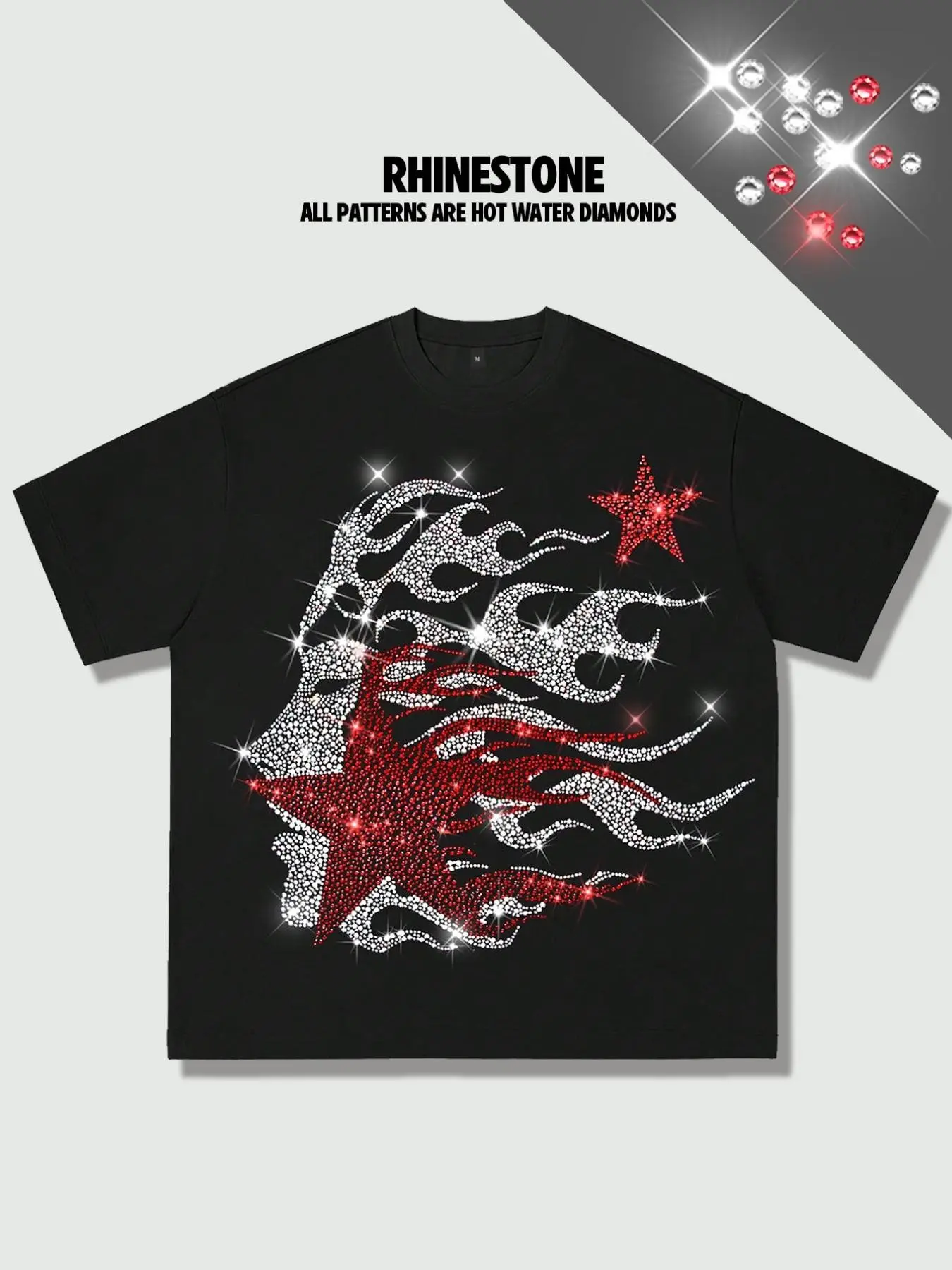 All rhinestone men's cotton T-shirts, flame women like rhinestone hot stamping Graphic Shiny Long short sleeved unisex American streetwear style fashion brand cotton short sleeved heavy craft oversized loose Baggy short sleeved shirt 2026Y2K