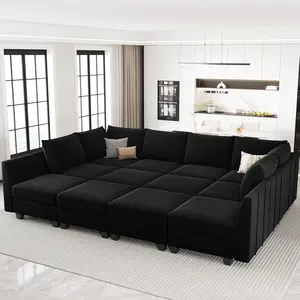 Oversized Modular Sectional Couch Sleeper Sofa with Storage Velvet Sectional Sofa Bed for Living Room, 12 Seats, Black