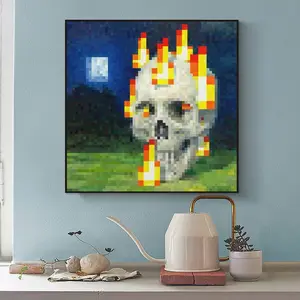 Minecraft  classical  Retro 8-Bit Flaming Skull Canvas Art, Artistic Nostalgic Pixel Gamer Wall Decoration, Frameless High-Definition Printing, Vivid Pixel Perfection for IYKYK Room Aesthetic poster