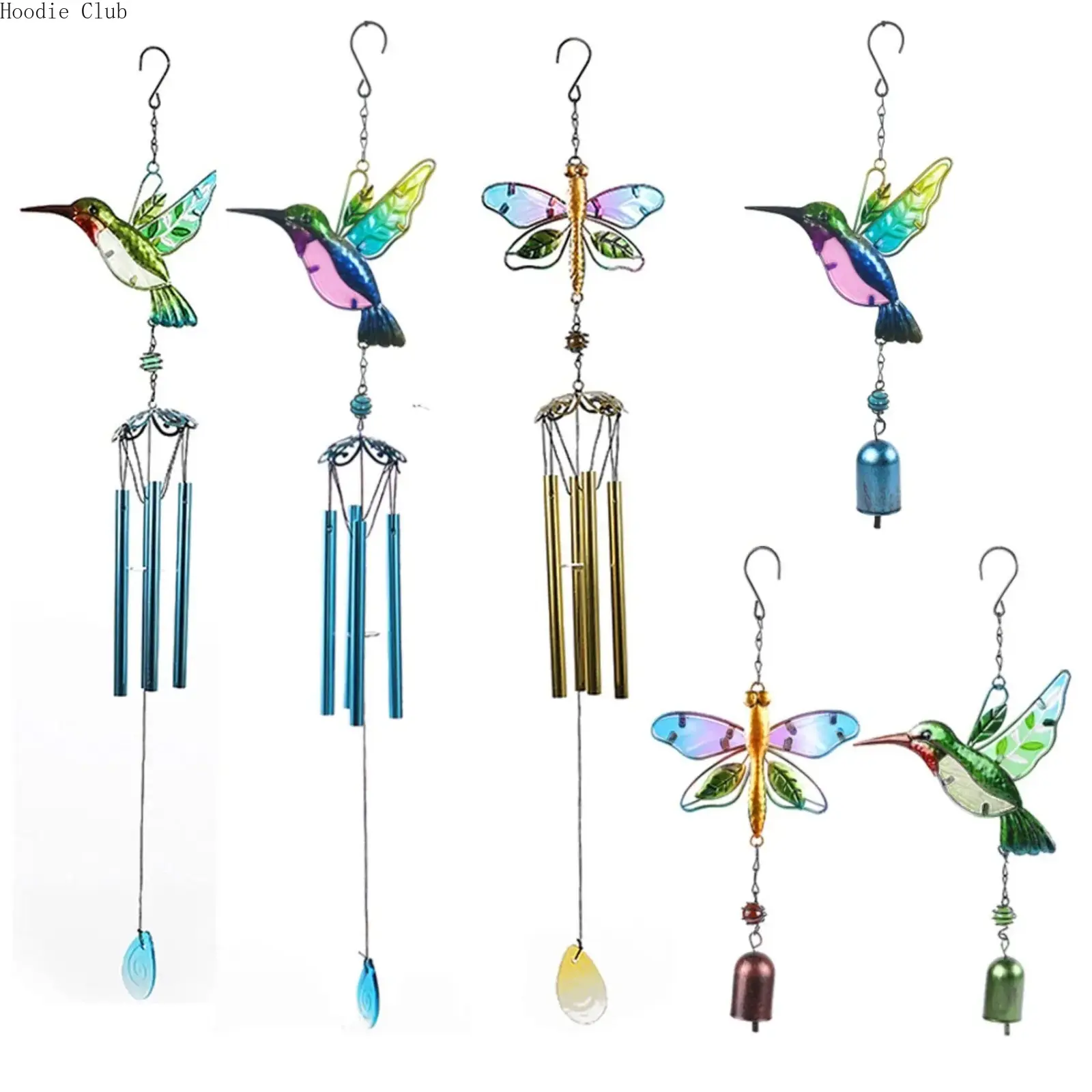 Hummingbird Wind Chimes and Bag Charm, Decorative Painted Metal Hanging Kinetic Sculpture for Outdoor Patio Decor, Aluminum, Bird Shape