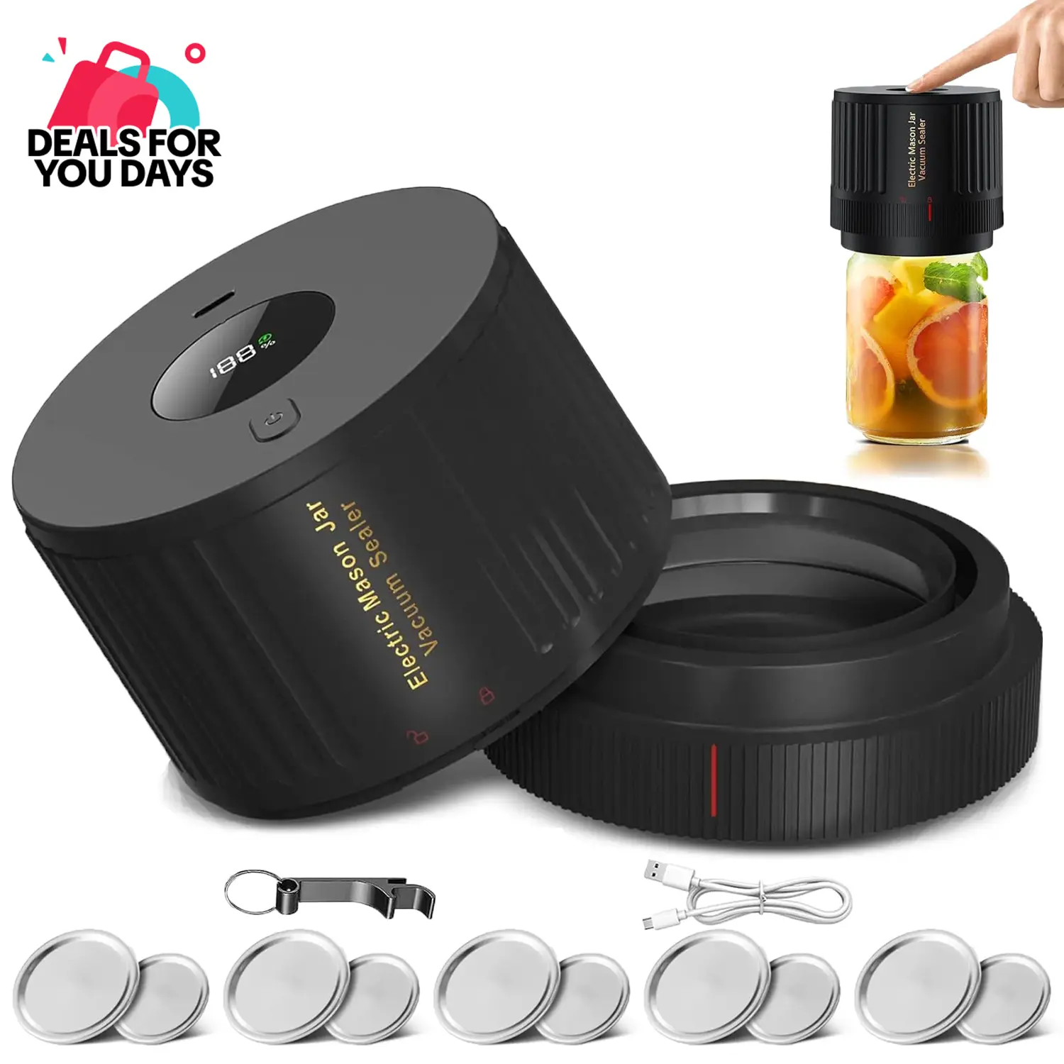 2026 Cordless USB Charging Electric Mason Jar Vacuum Sealer Set (Kitchen Food Storage Tool) – Seals Jars Securely, Non-Slip Seal, 1-Touch Operation, Ideal for Food Preservation & Meal Prep, Wide-Mouth Compatible, Includes 5 Regular-Mouth Lids