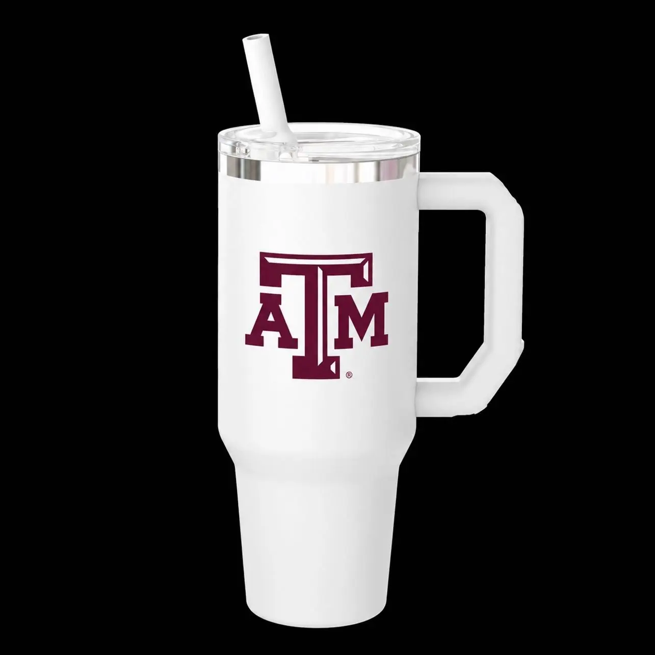 Texas A&M Aggies 40oz Tumbler with Handle, Minimalist White ATM Quencher, College Football Tailgate Mug, Leakproof Flip Straw Travel Cup
