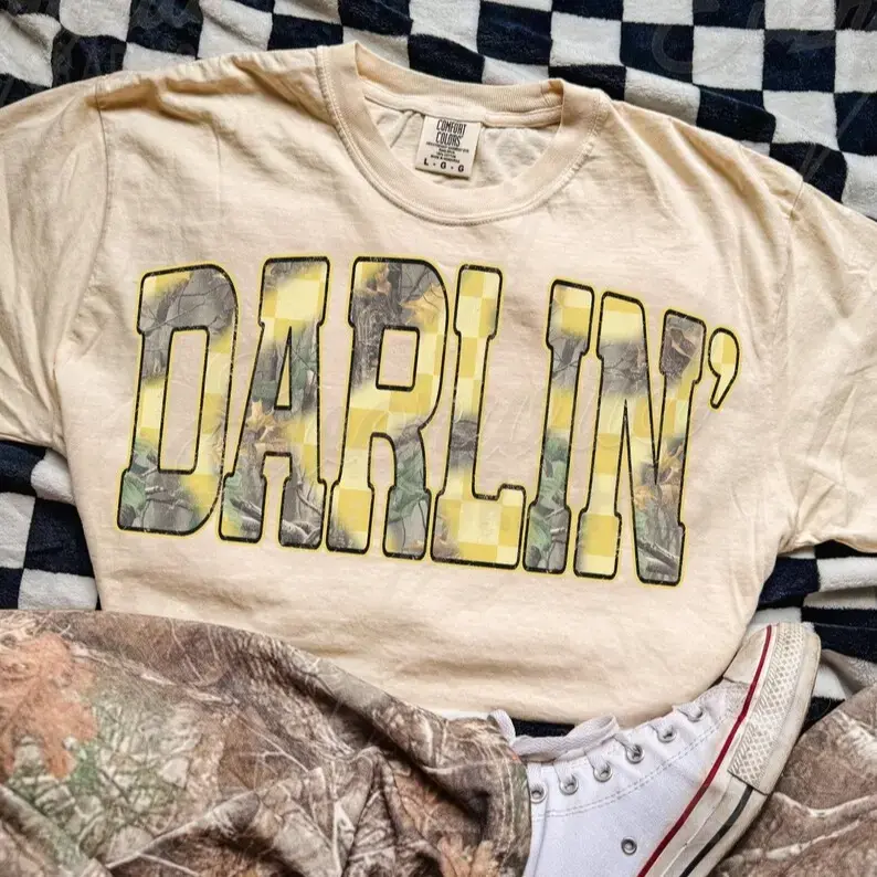 Comfort Colors Darlin Butter Yellow Camo Checkered Tee, Retro Western Graphic Shirt, Vintage Summer Southwest Aesthetic T-Shirt, Country Girls Tee
