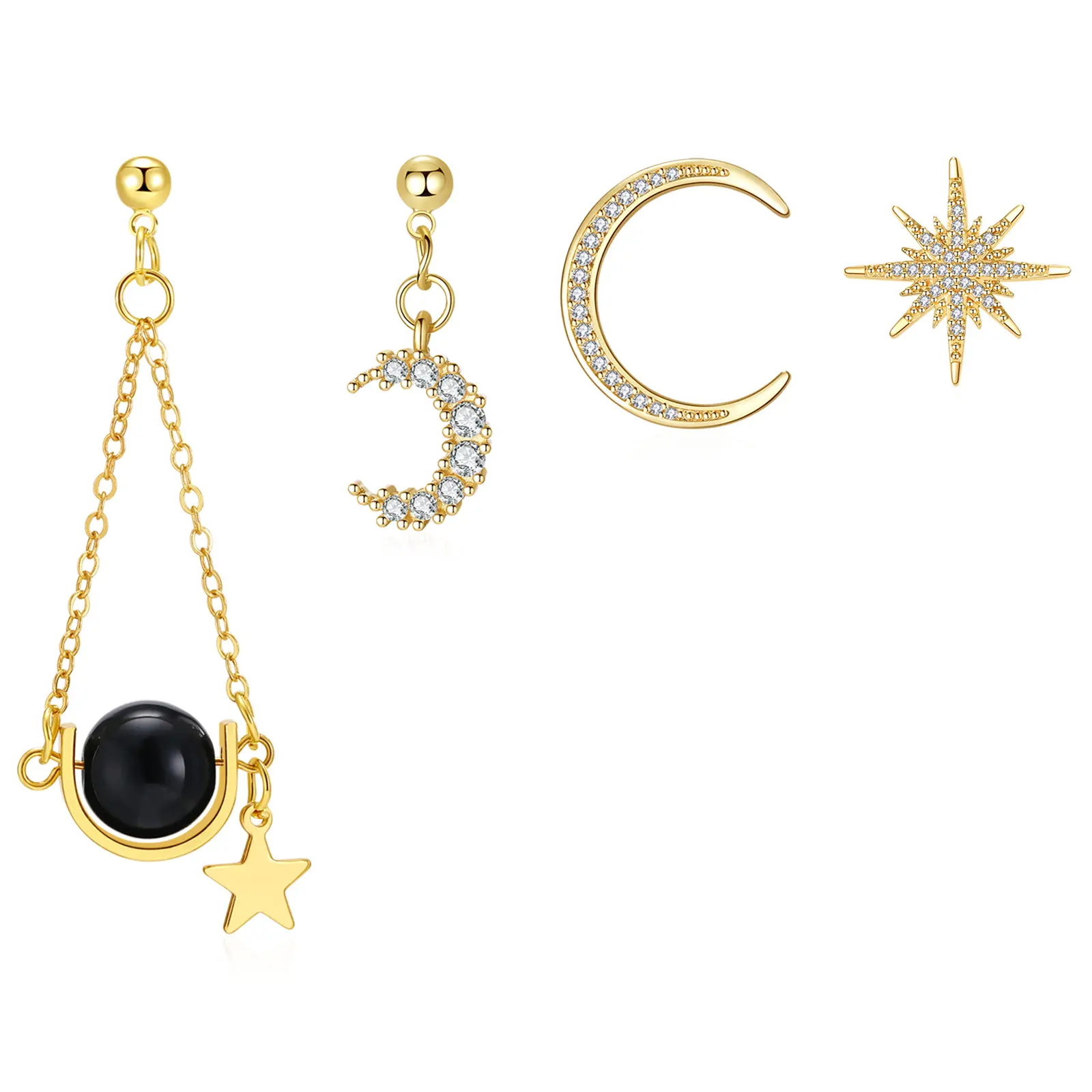 OIDEA 2-Pair Celestial Earring Stack, Women's Asymmetrical Copper Star and Moon Stud & Drop Set with Cubic Zirconia Accents, Jewelry Stack, Celestial Aesthetic, Sparkle Accents, Copper Metal, Daily Wear Earrings, Stacked Sets