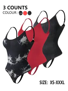 Women's Minimalist Solid/Tie Dye Print V Neck Shapewear Bodysuit, High Stretch Seamless Shaper, Tummy Control Butt Lifter, Ladies Shapewear for All Seasons Womenswear