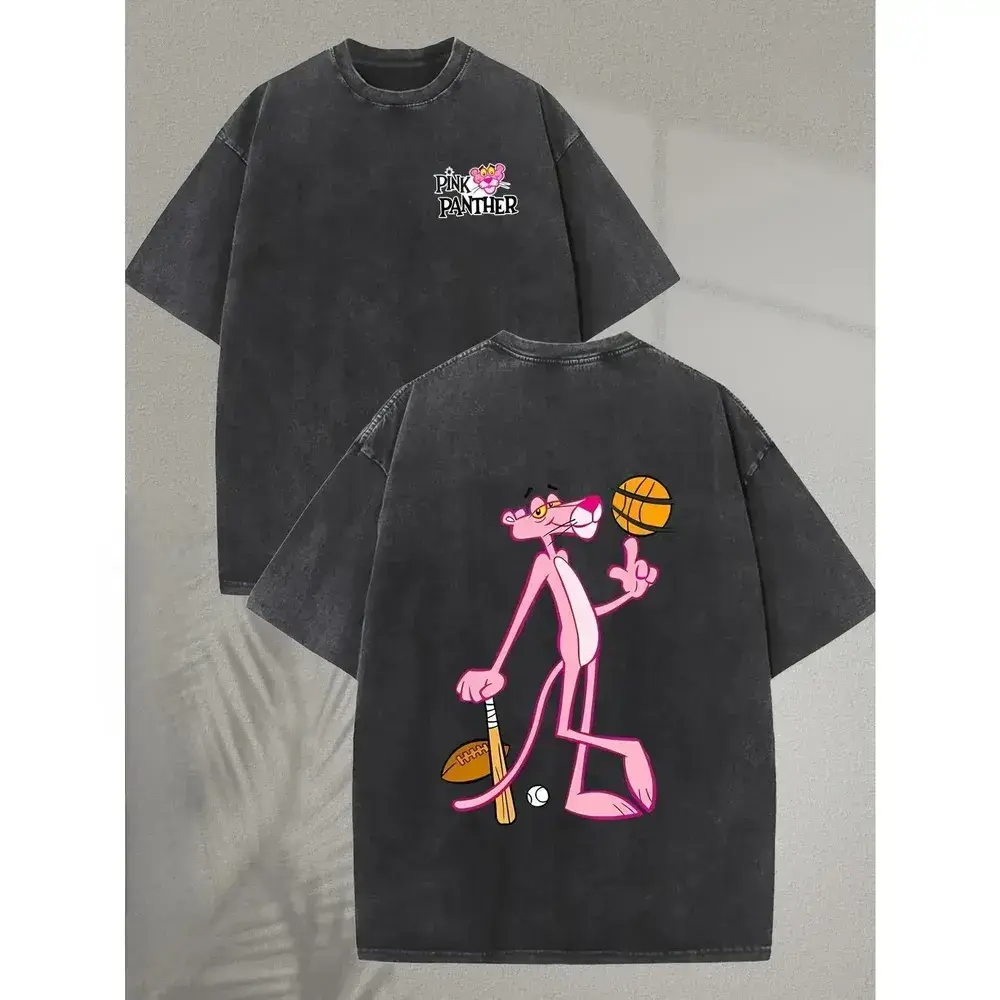 Men’s 230g heavy weight cotton T-shirt, retro Y2K streetwear style with panther and baseball print, crew neck short sleeve casual summer top, machine washable unisex tee