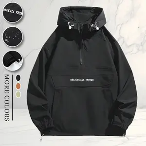 Trendy half-zip hoodie with streetwear style, large pocket drawstring details, letter print design suitable for young men and women, ideal for daily outings, commuting, shopping, and expressing personal fashion.