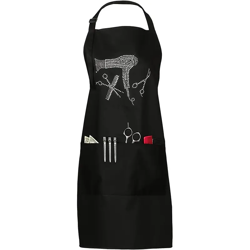 Large Adjustable-Strap Hair Salon Apron with Barbershop Logo, Imitation Diamond Accent, Multiple Pockets for Home Use