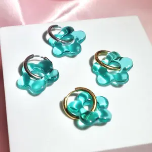 Handmade Aquamarine Flower Hoops Clear Earrings - Lightweight Polymer Clay with Resin Coated