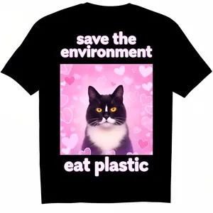 Save The Environment Eat Plastic Silly Cat Meme Funny Cats T-Shirt 100% Cotton Printed Shirt