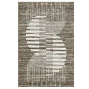 5x7 ft Modern Brown Rectangular Polyester Area Rug, Geometric Semi-Circle Print, Low Pile, Stain Proof, Machine Washable for Living Room, Bedroom