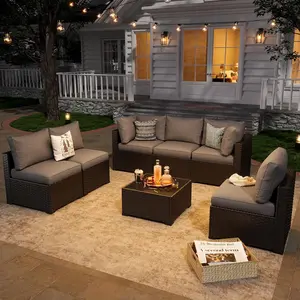 【Ships in 3 Packages】Aoxun 7 Piece Patio Furniture Set Wicker Rattan Patio Sectional Sofa Set Outdoor Seating Furniture with Thickened Cushion, Grey