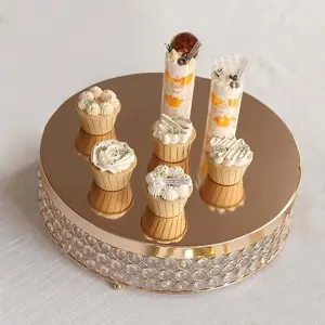 Metal Cake Stand Pedestal 16" Crystal Beaded Design Gold - Cupcake Display and Dessert Riser