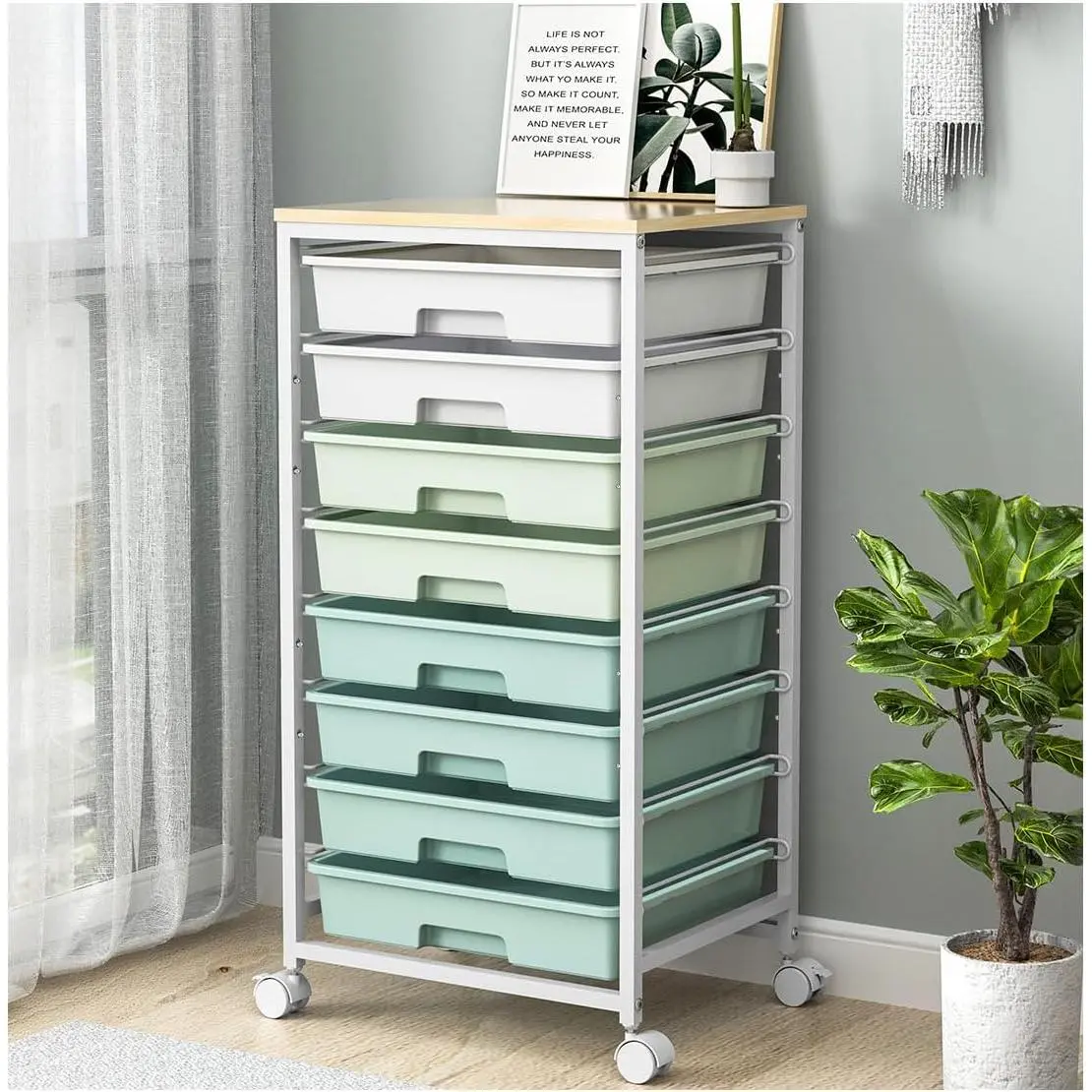 8-Drawer Rolling Storage Cart with Wooden Tabletop, Green Utility Cabinet-Rack, Home Office Furniture for Bedroom, Craft Room, Study Furniture, Decor Organizer, With Wheels, 8 Drawers, Rolling Storage Utility Cart, Drawer Storage Tower, Interior Storage F