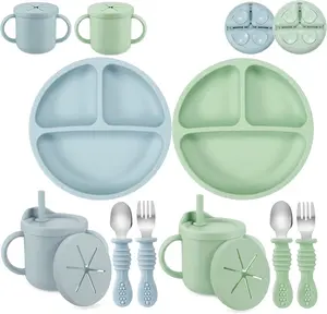 Silicone Baby Feeding Set  2 Pack Silicone Divided Suction Plate and 2 Pack Tiny Cup with 2 Spoons 2 Forks  Baby Led Weaning Supplies Self Feeding Eating Utensils (Light Blue/Light Green)