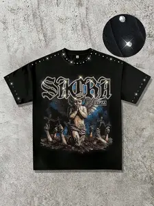 Angel Men's Cotton T-Shirt, Rhinestone Collar, Saint Blessed Slogan, Summer Short Sleeve, Vintage Street Fashion, Unisex Loose Fit, Streetwear