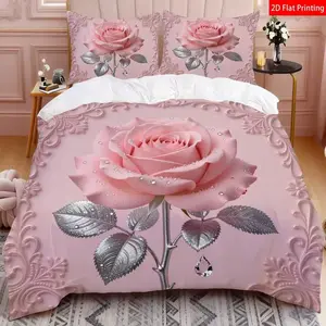 Elegant Romantic Bedding Set, Decorative Bedding Set, 2D Print Quilt Cover with Relief Pattern, Silver Leaf & Crystal Drop Design, Includes 1 Quilt Cover + 1-2 Pillowcases