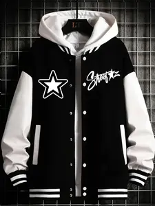 Men's Regular Fit Star & Letter Print Baseball Collar Jacket, Casual Comfy Contrast Trim Long Sleeve Outerwear for Daily Wear, Men's Clothes for All Seasons, Coats