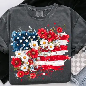 Floral American Flag Comfort Colors Tee with Vibrant Red White and Blue Design for Patriotic Outfits