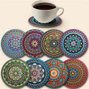 8-Piece Mandala Coasters Set, Wooden Cup Mats, Essential for Festive Gatherings, Suitable for Bars, Offices, Homes, All Occasions, 10cm X 10cm