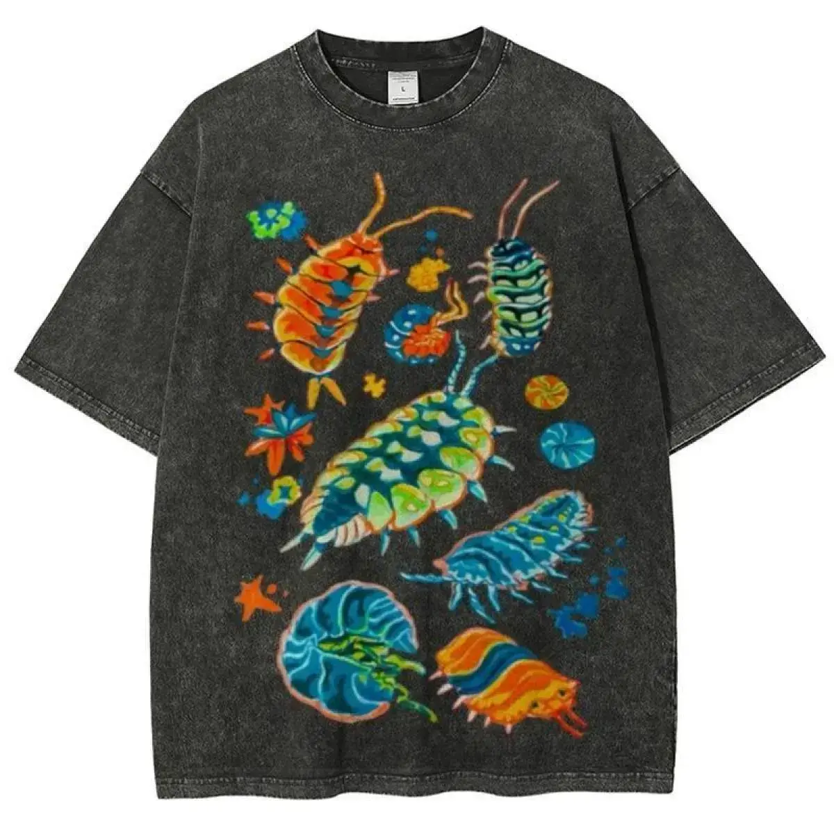 Men's Unisex Vintage Washed Tshirt - Colorful Insect Print, Distressed Ripped Round Neck, Casual Party Style, Machine Washable, Everyday, Menswear, Festive, Top, Shortsleeve, T-Shirt, Colorful Style, Vintage T-Shirts, Distressed Look, Cotton, All Seasons,