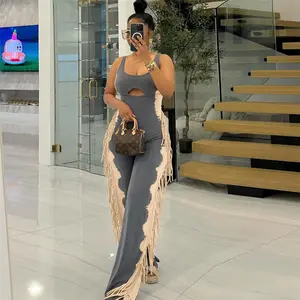 Women's Clothing Fashionable Contrasting Color Personalized Fringed Casual Leggings Jumpsuit