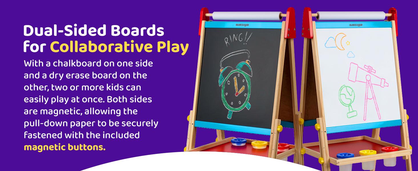 Blue Squid Art Easel for Kids with Paper Roll x 3, Includes 100+ Accessories, Double Sided Adjustable Wooden Painting Easel with Magnetic Chalk Board, White Board for Toddlers Ages 3,4,5,6,7,8,9,10,12