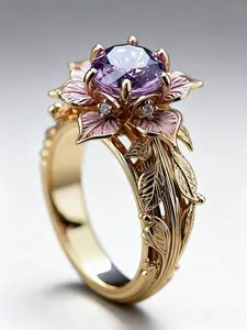 Elegant Purple Flower Gold Ring for Women - Classic floral design with crystal stones, romantic jewelry gift for anniversary, engagement or everyday wear