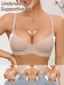 Women's Comfortable Jelly Bra Adjustable Wide Straps Medium Support Push-Up Lined Everyday Wear Underwear, Elegant Plain Design