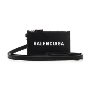 Balenciaga Paris Logo Grain Calfskin Card Holder and Coin Purse Wallet for Women in Black