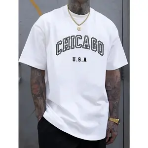 Men's Chicago U.S.A. Letter Print Casual T-Shirt - Lightweight, Breathable Polyester, Crew Neck, Short Sleeve, Versatile & Comfortable for All Seasons, Leisure Apparel|Classic Crew Neck|Breathable Material