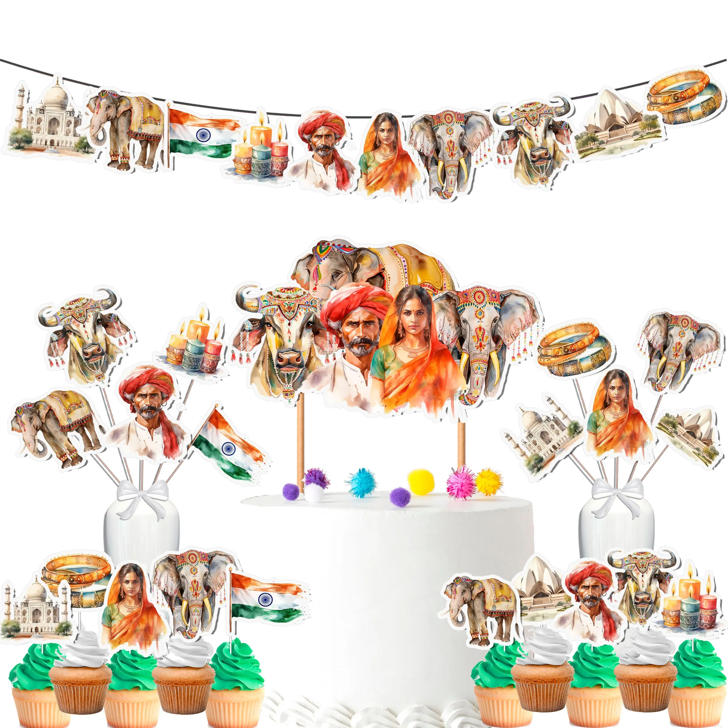 Indian Cultural Party Decoration Set – Cake Topper, Cupcake Toppers, Banner, and Centerpieces