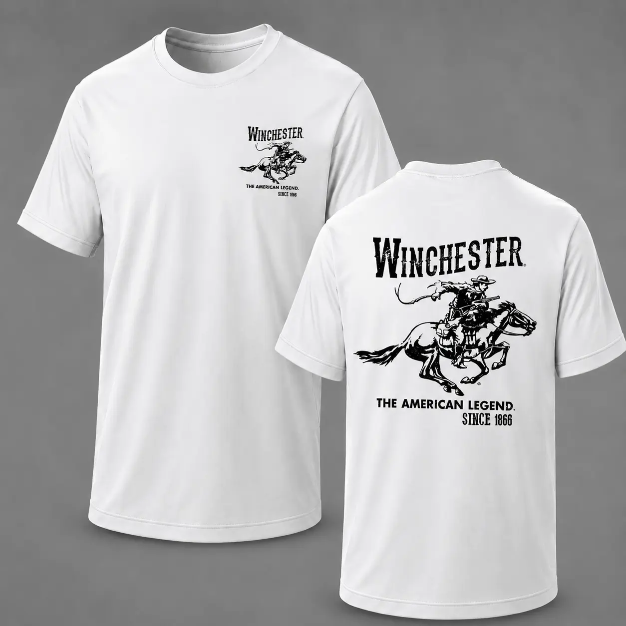 Winchester Cowboy Horse Rider Graphic Tee, Vintage Western Ranch Style T-Shirt for Men Women, Retro American Legend 1866 Shirt, Casual Short Sleeve Cotton Country Apparel.