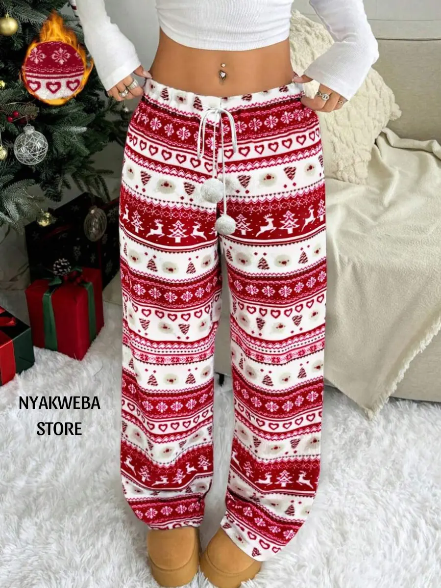 NYAKWEBA Women Striped Christmas Pajama Pants Festive Reindeer Fair Isle Drawstring Lounge Pants Thermal Warm Fleece Lined Sleepwear Bottoms