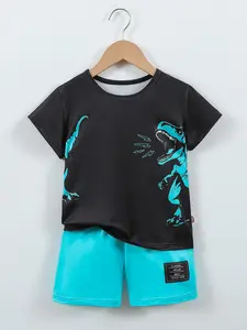 Two-Piece Set Toddler Boy's Dinosaur Print Short Sleeve Tee & Shorts, Casual Round Neck T-shirt & Shorts for Daily Wear, Kids Clothing for Summer Tops, Outfit