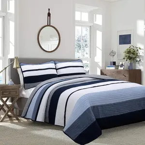 Tranquil Blue Gray Striped Boy 100% Cotton Reversible Quilt Bedding Set, All-Season Coverlet Bedspread (Rendon, Queen - 3 Piece)