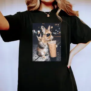 Cute Bunny Iced Coffee Shirt, Funny Rabbit Drinking Coffee Sweatshirt, Easter Rabbit T Shirt, Funny Animal Meme Hoodie, Unisex Sweater Pullover Tee