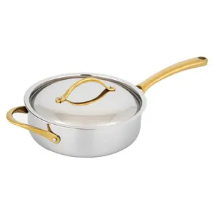 Sauté Pan with Lid - Stainless Steel Cooking Pan with Titanium Coated Gold Handle - Max Temp 450°F ,Dishwasher Safe & PFOA/PFOS Free - Kitchen Cookware