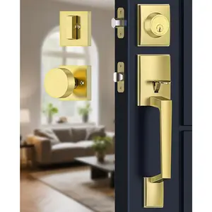 Gold Front Door Handle and Deadbolt Set, Modern Front Door Lock Set with Knob, Exterior Entry Lock with Adjustable Single Cylinder Deadbolt, Reversible for Right & Left Doors