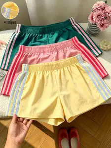 3-Pack Summer Must-Have Multi-Color Sporty Fashion Solid Striped Casual Shorts, Daily Wear Side Stripe Elastic Waist Women's Bottoms