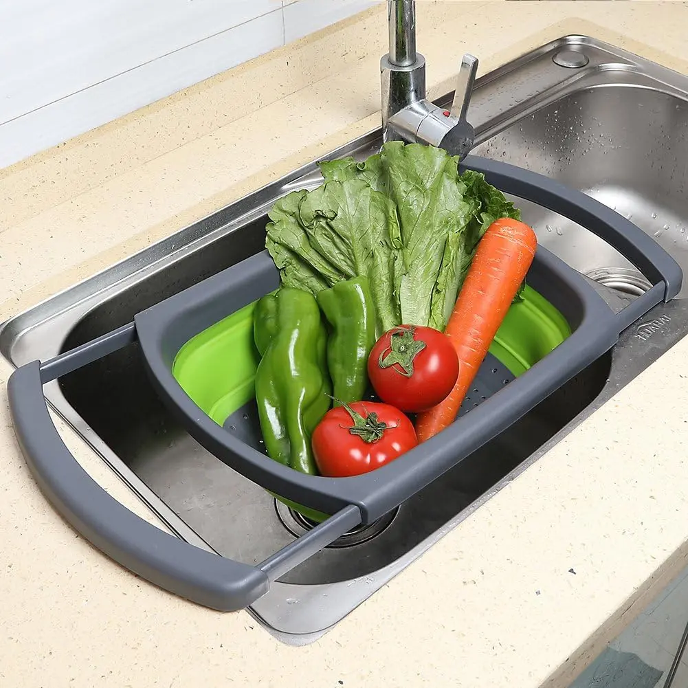 Collapsible Over-The-Sink Colander Strainer - 6 Qt Kitchen Sieve Basket with Extendable Handles, Essential Kitchen Utensil for Vegetables & Fruits